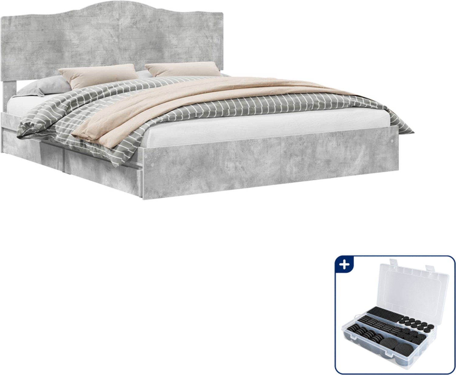 vidaXL bed met lade - 200 x 200 cm - bewerkt hout - beton grijs - Inclusief antikrasvilt 177-delig