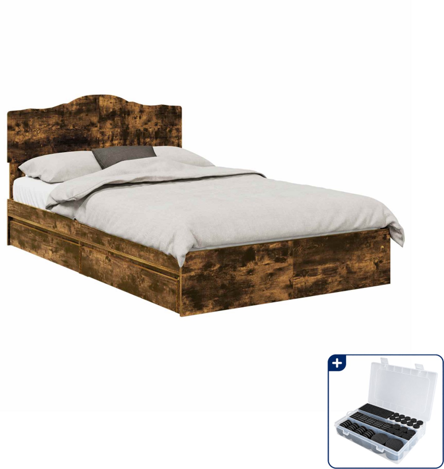 vidaXL bedframe - 135 x 190 cm - bewerkt hout - gerookt eiken - Inclusief antikrasvilt 177-delig Bruin