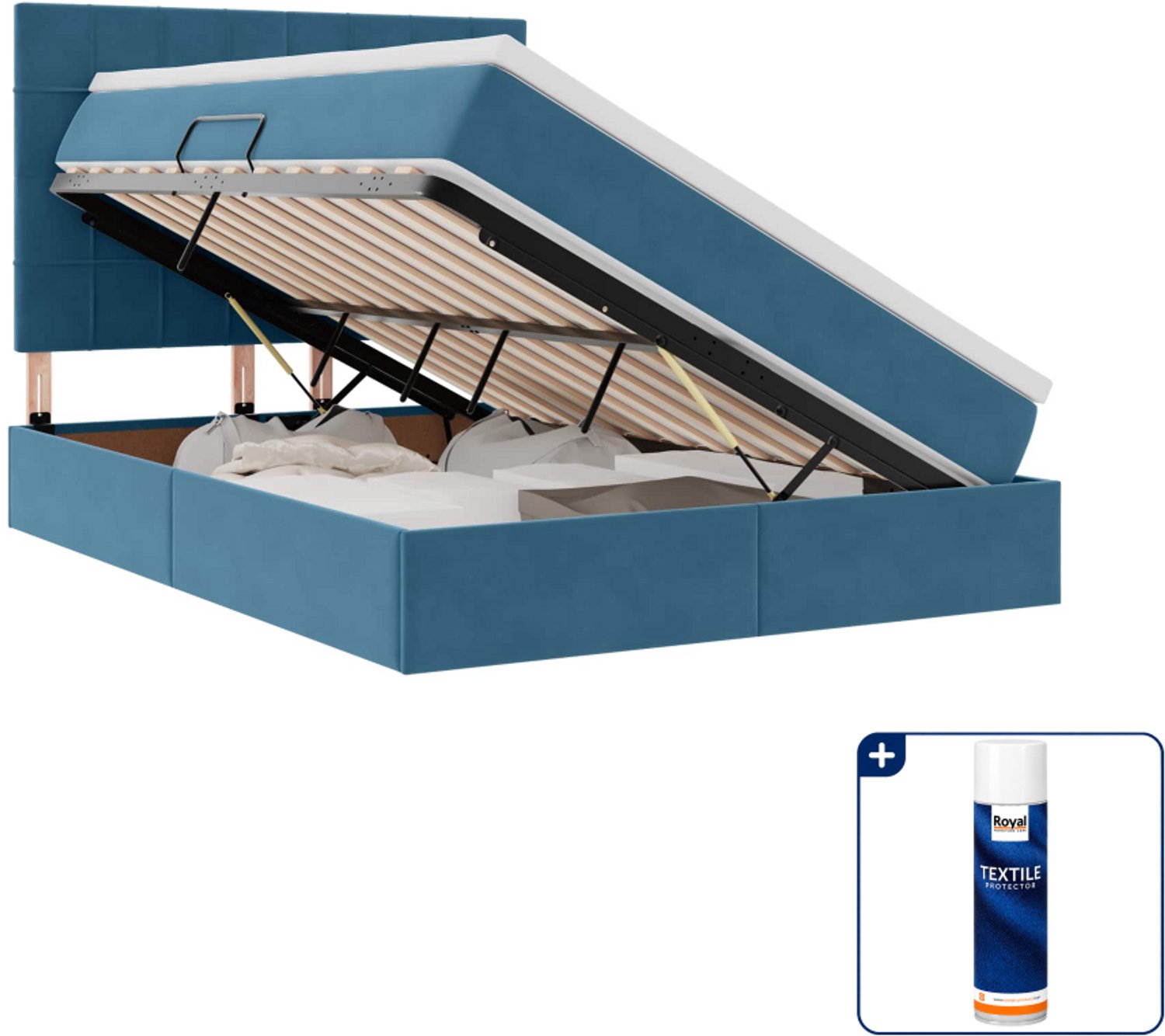 vidaXL opbergbed met matras - Small double - 140 x 200 cm - donkerblauw - Inclusief textielbeschermer 500 ml