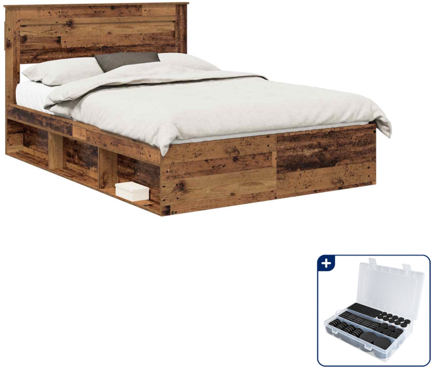 vidaXL bedframe - 150 x 200 cm - bewerkt hout - oud hout - Inclusief antikrasvilt 177-delig Zwart