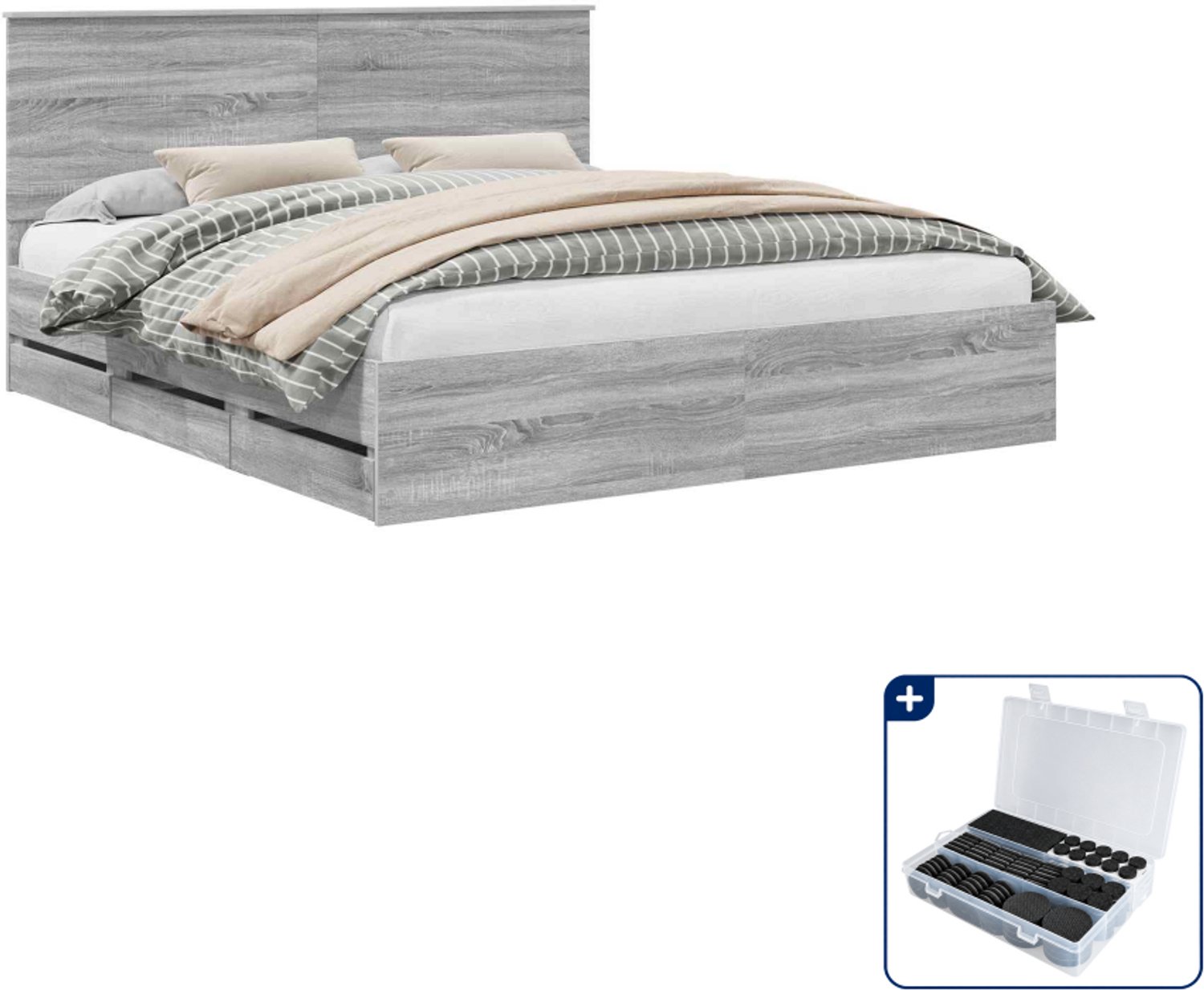 vidaXL Kingsize bedframe met lade - 180 x 200 cm - grijs sonoma - Inclusief antikrasvilt 177-delig