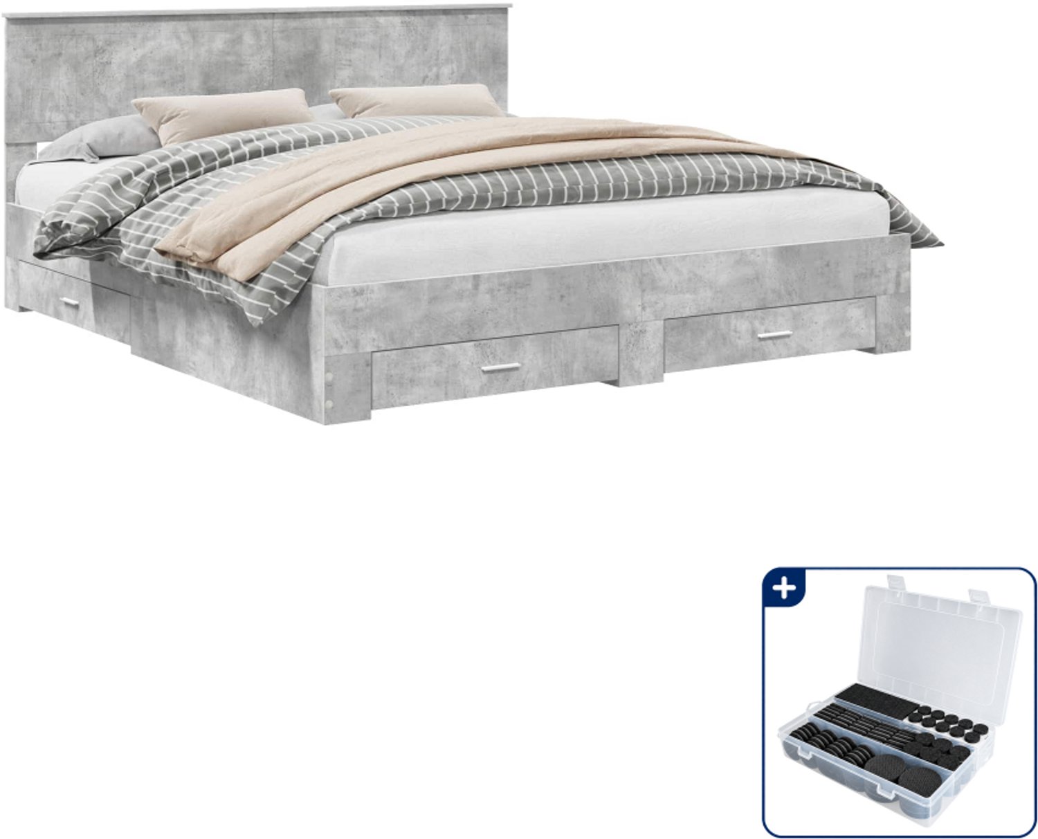 vidaXL Bedframe met lade - Kingsize - 180 x 200 cm - betongrijs - Inclusief antikrasvilt 177-delig
