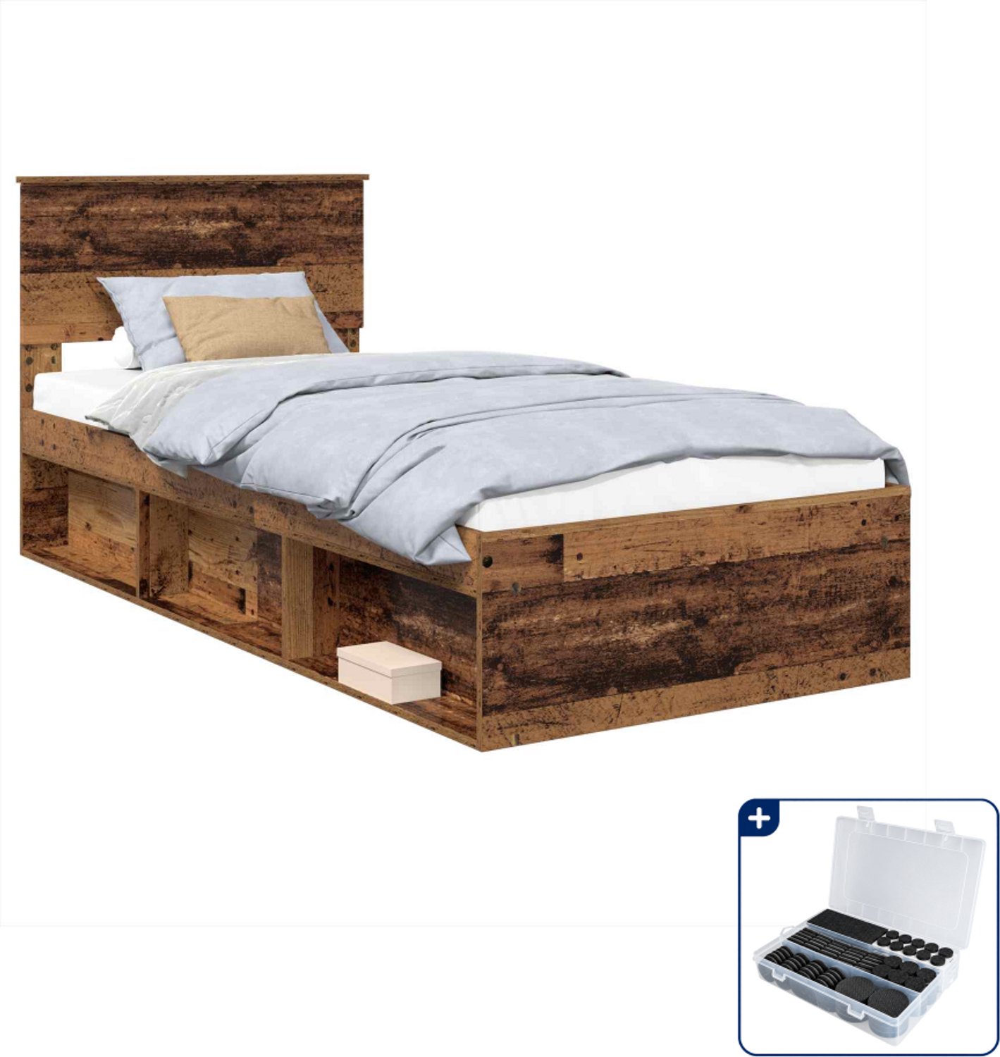 vidaXL Bedframe - 90 x 190 cm - bewerkt hout - oudhout - Inclusief antikrasvilt 177-delig zwart