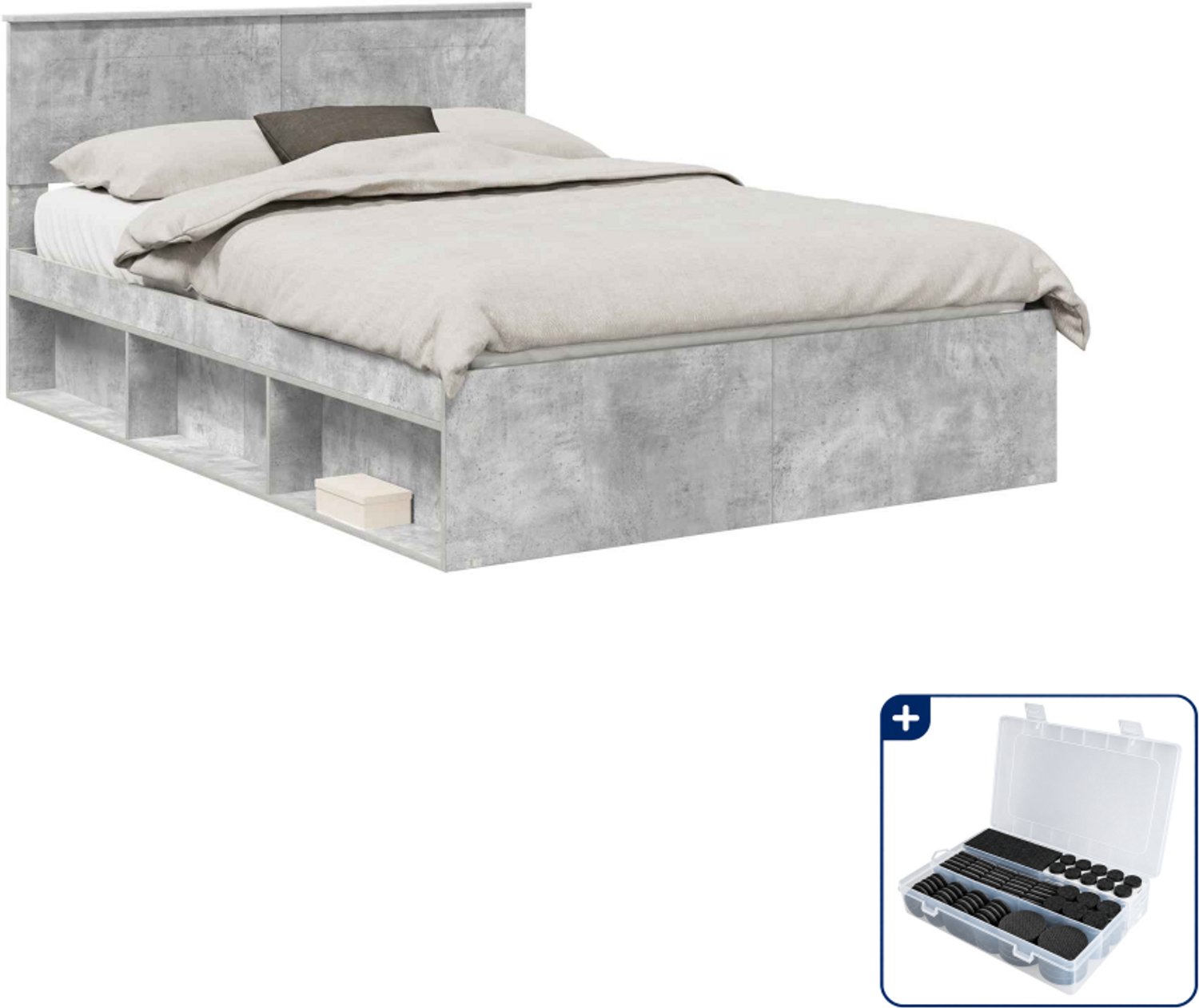 vidaXL Bedframe - 140 x 190 cm - bewerkt hout - beton - Inclusief antikrasvilt 177-delig Bruin