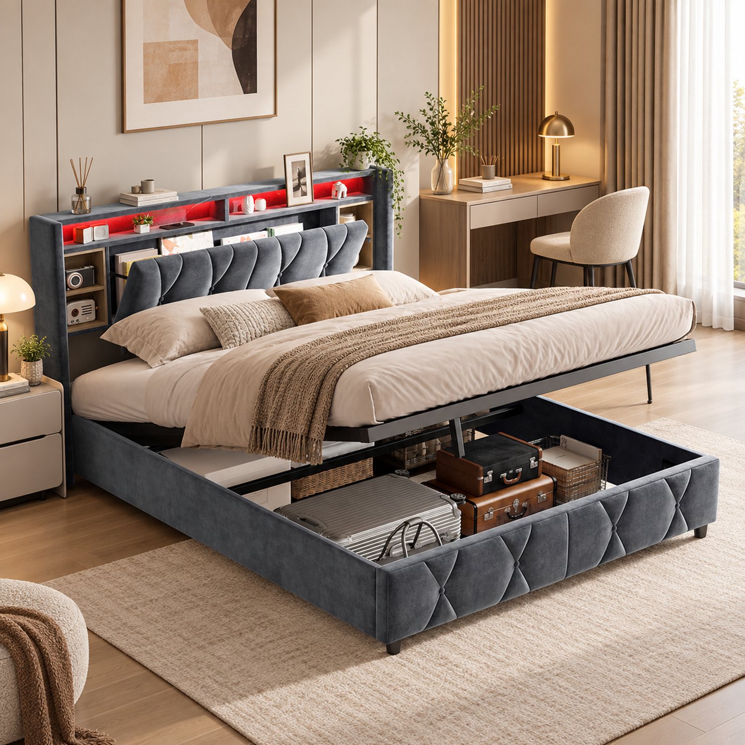 Yelenaro Gestoffeerd bed 160x200 cm met LED en USB, Tweepersoons bed met Hydraulisch Opbergruimte, Jeugdbed met Gesloten Opbergruimte in het Hoofdeinde, Fluweel, Grijs