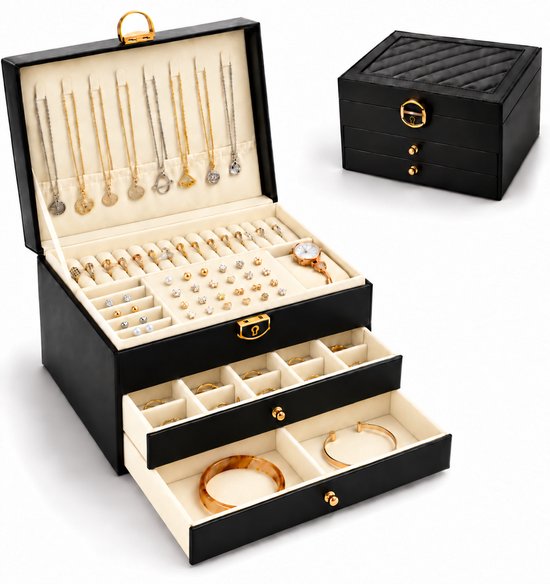 Zwarte, gelaagde sieradendoos met beige bekleding, inclusief gesloten doos en lades voor diverse sieraden.