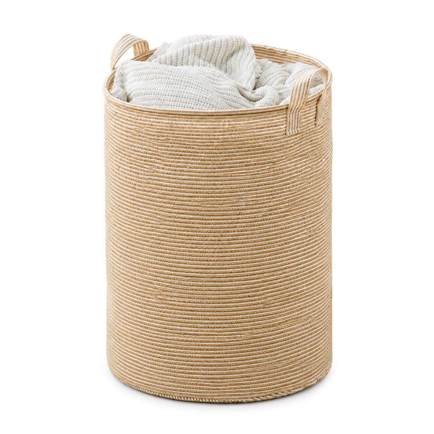 Opvouwbare stoffen wasmand 40 x 30 cm - groot, geel gestreept, met twee draaghengsels