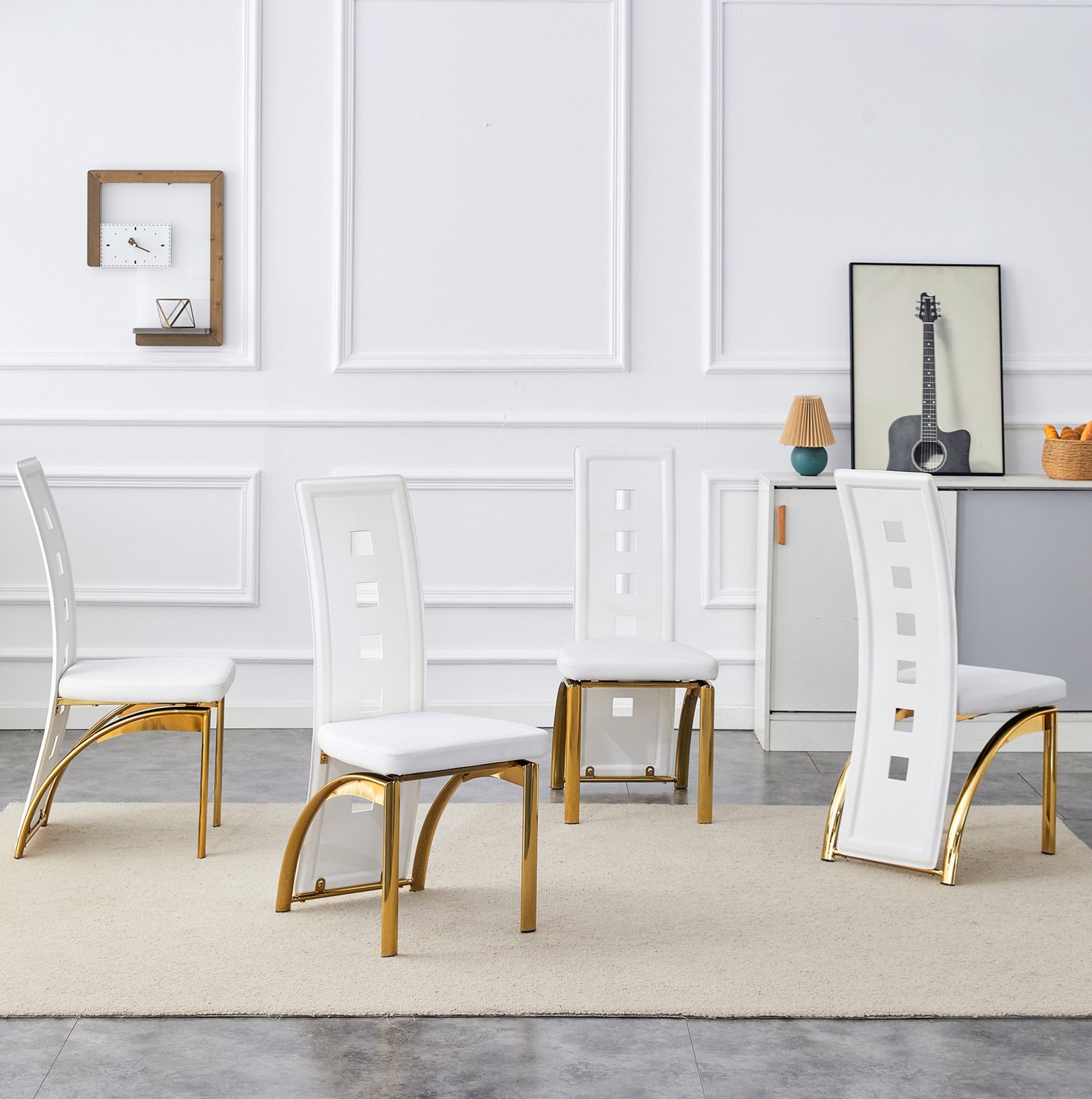 MODENUIT Eetkamerstoelen - Opengewerkte Rugleuning - Eetkamer - Kunstleer Metaal - Wit Goud - 43x49x102,5cm