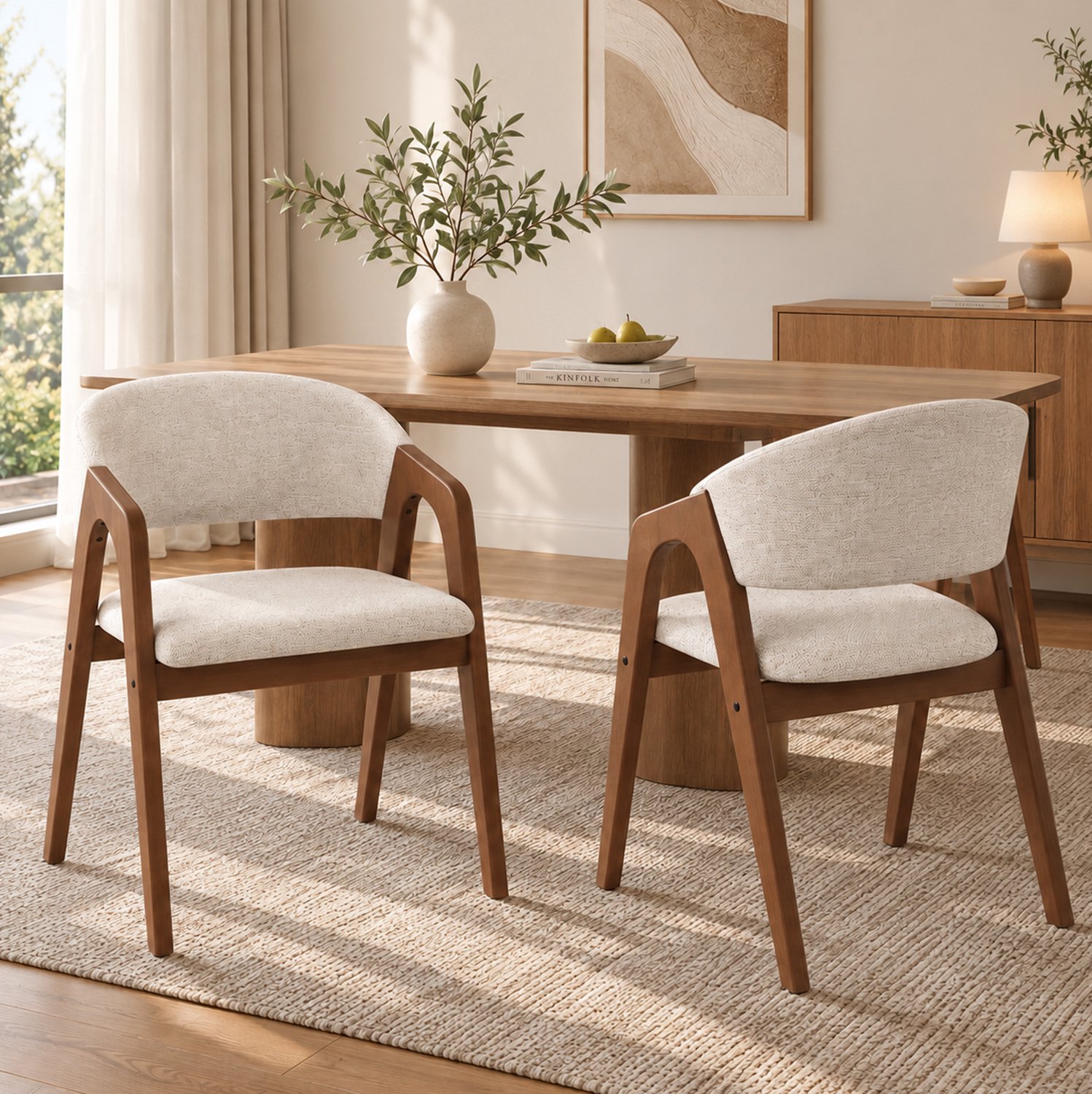 DESMIU Eetkamerstoel Set van 2 - Gestoffeerd Met Armleuningen En Gebogen Rugleuning - Voor Eetkamer, Woonkamer En Café - Hout Walnootkleur Beige Walnootbruin