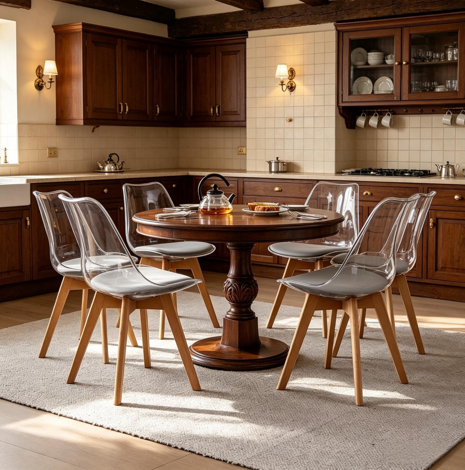 MODENUIT Eetkamerstoelen - Set van 6 met kunstleren kussens - voor eetkamer - hout en kunststof - grijs