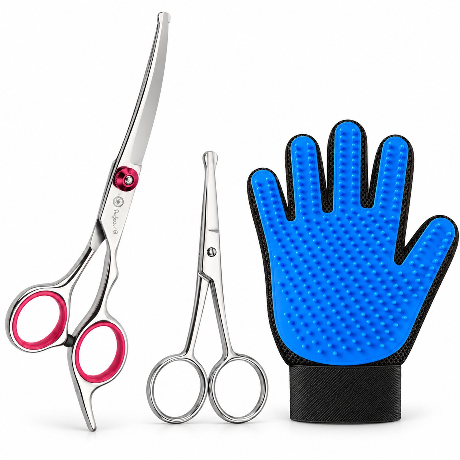 Professor Q Hondentrimset - Gebogen Trimschaar Roze - Potenschaar Zilver en Vachthandschoen Blauw - 3-delig