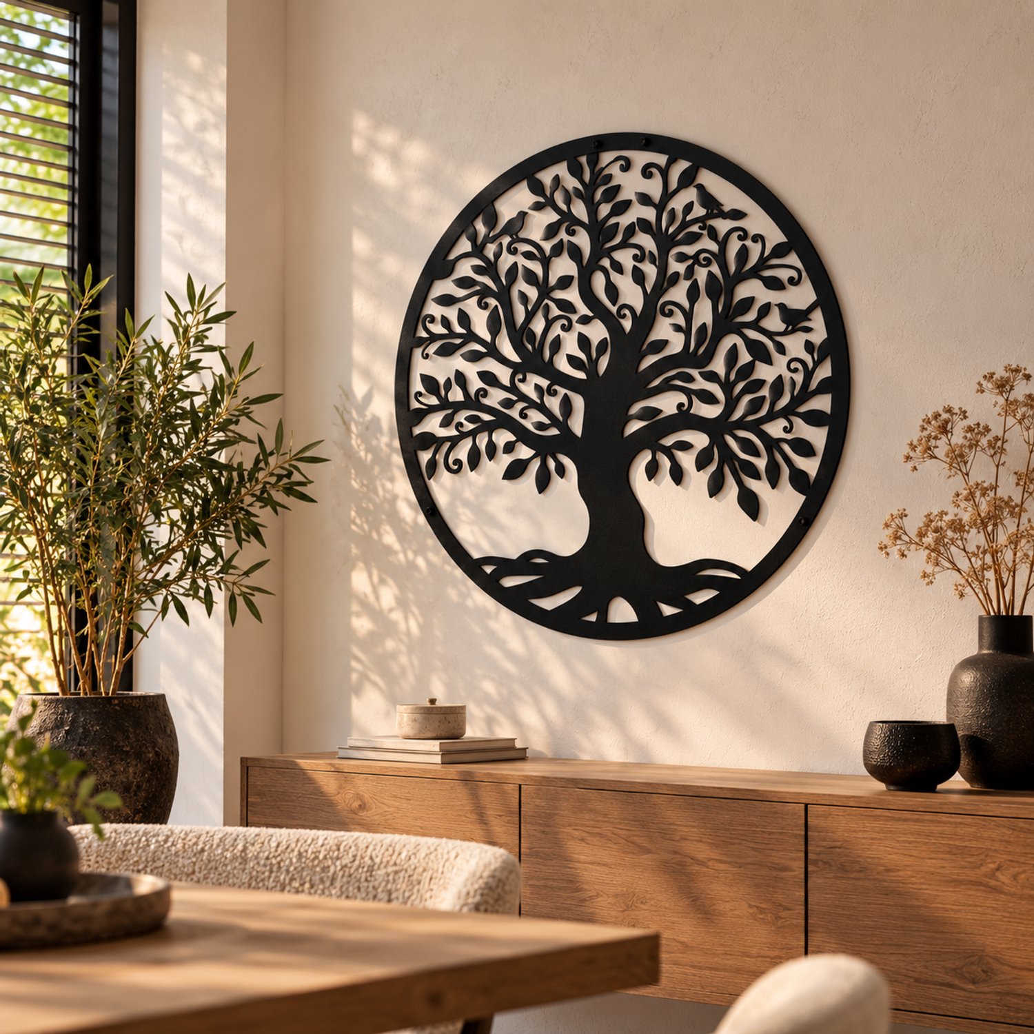 Levensboom Wanddecoratie – Metaal Zwart – Wanddecoratie Woonkamer – Tree of Life – Ø 60 cm