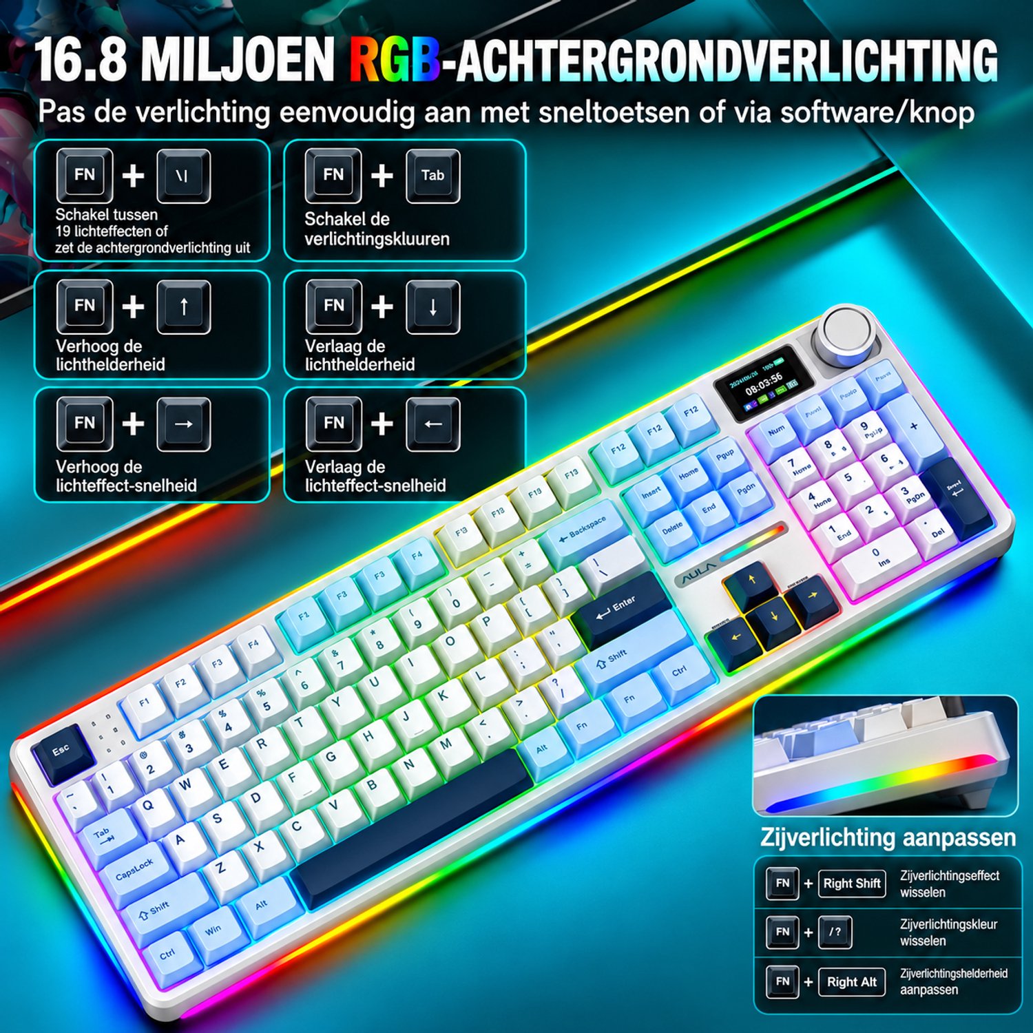 EPOMAKER x AULA F108 Pro - Licht Blauw - Mechanisch Gaming Toetsenbord – LCD Display – RGB – Tri-Mode Draadloos – Hot-Swappable – Full Size - Reaper Switch thumbnail 4