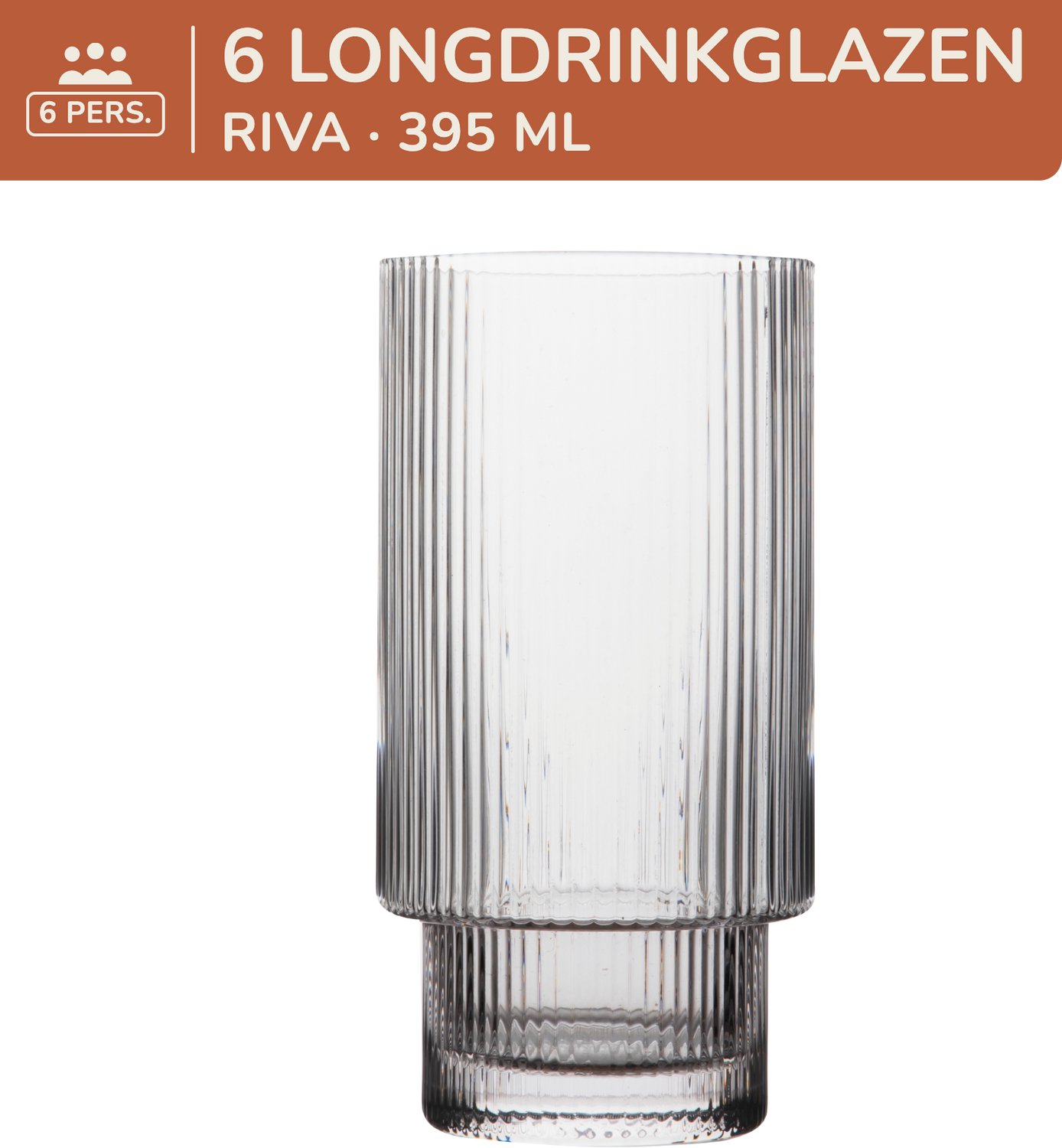 Set van 6 longdrinkglazen - waterglazen - vaatwasserbestendig - 395 ml - 6 persoons - glas - Riva - Kade 171 glazen - hip en trendy
