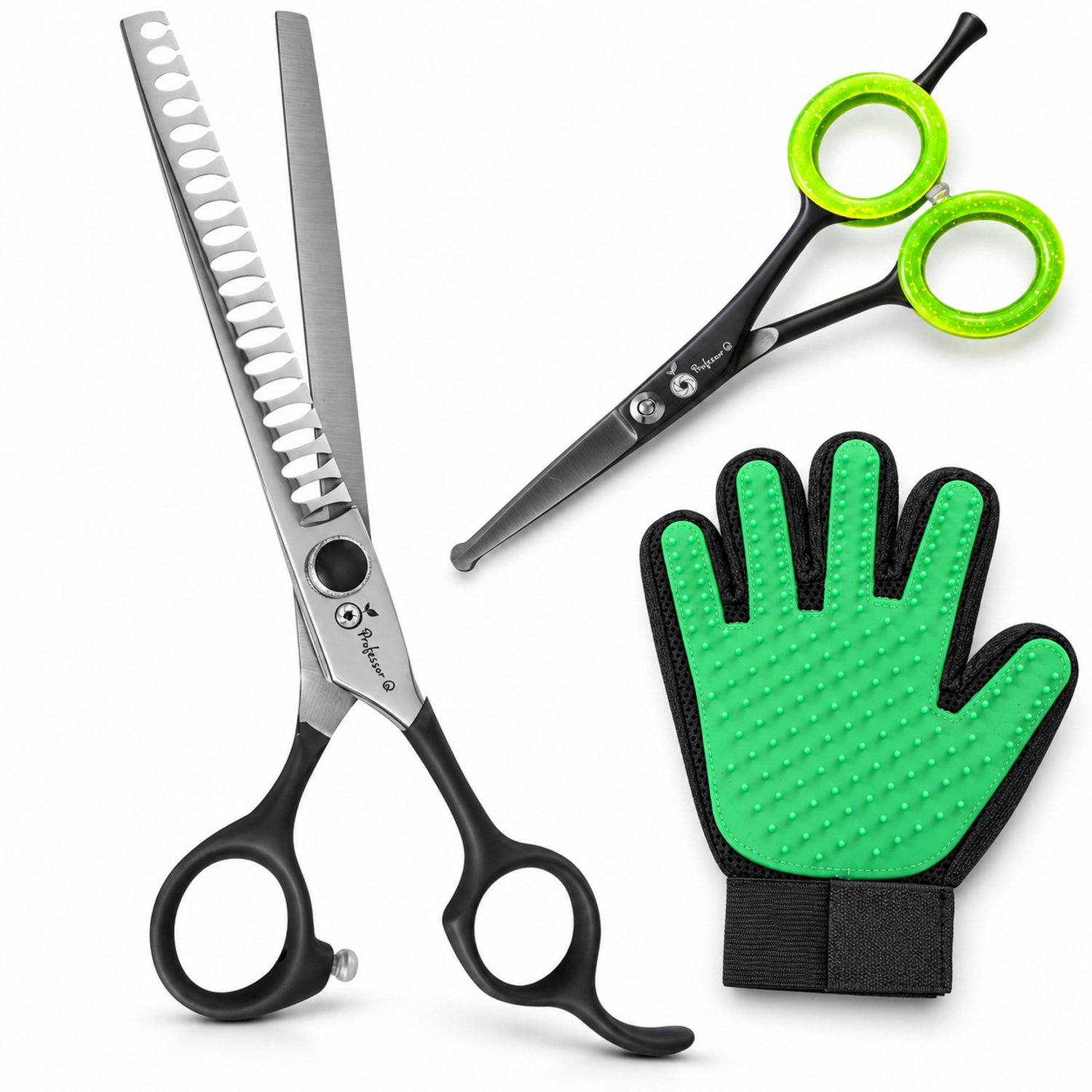 Professor Q Hondentrimset - Chunkerschaar 8 inch Zilver - Potenschaar Zwart/Groen en Vachthandschoen Groen - 3-delig
