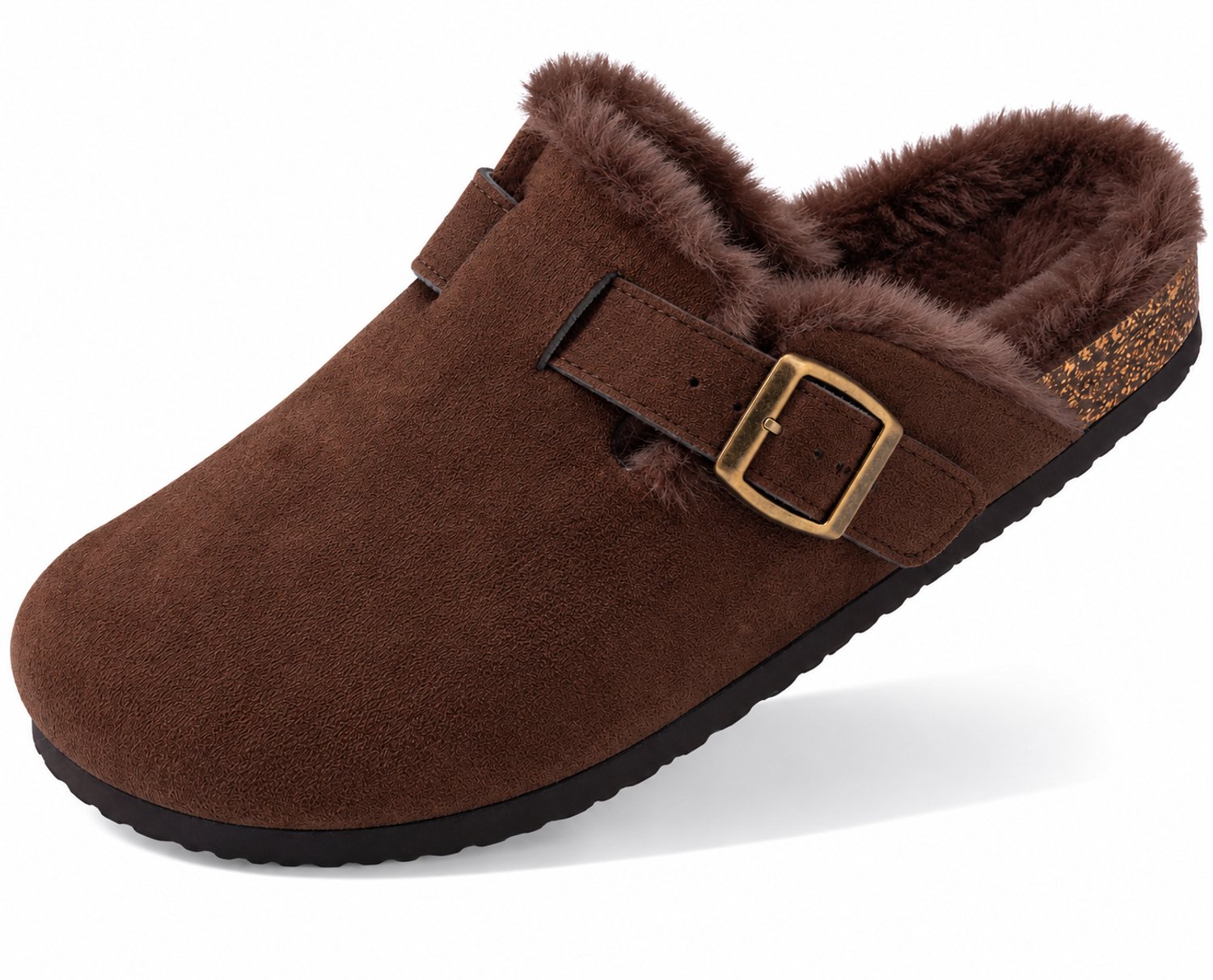 Dames Clogs – Warme Gevoerde Clogs met Gesp – Pantoffels – Stevige Zool – Donker bruin - maat 37 - Voetlengte 25,5 cm -