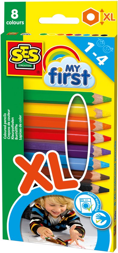 Doos met 8 extra dikke My First kleurpotloden van SES Creative, geschikt voor kinderen van 1 tot 4 jaar, super afwasbaar.