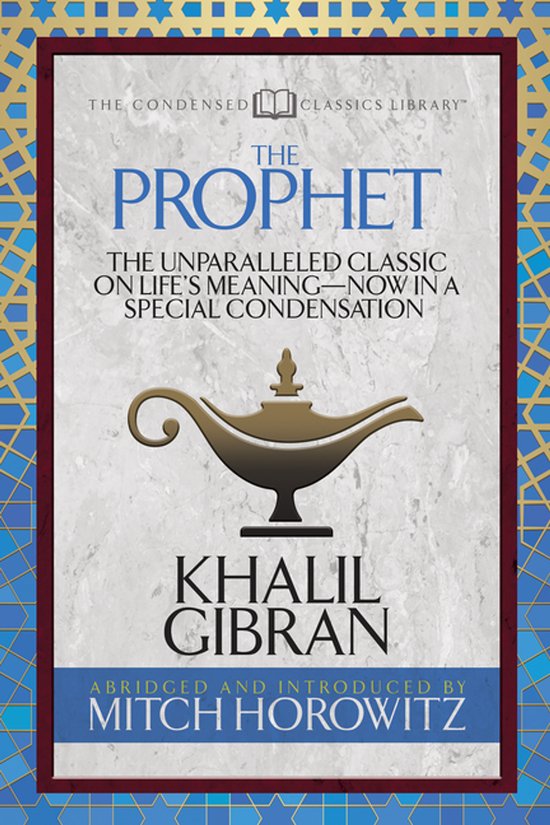 Boekomslag van The Prophet door Khalil Gibran met een gouden olielamp-icoon en blauw-gouden geometrische rand.