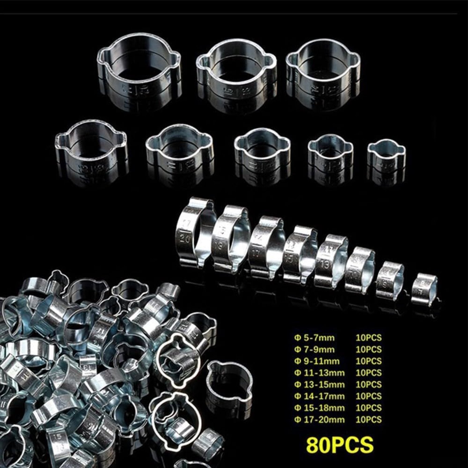 Hose clamp 80PCS - dubbele oor - roestvrij staal - stevige afdichting voor brandstofslangen - m-winkel