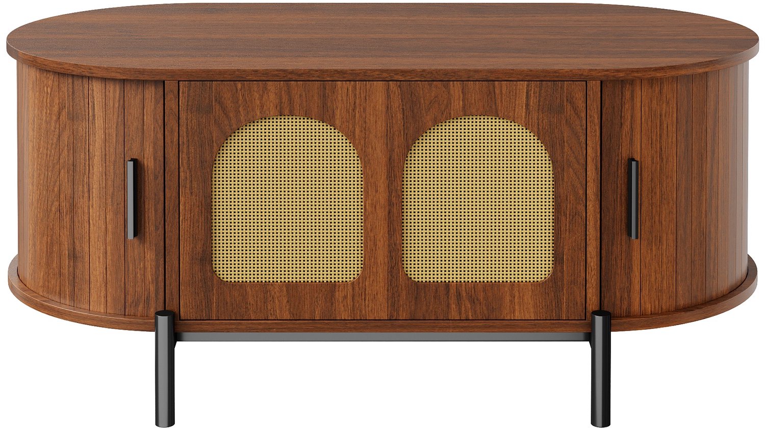 SONNENH Ovale salontafel met rotanlook fronten en opbergruimte - Walnootlook - 100 x 50 cm
