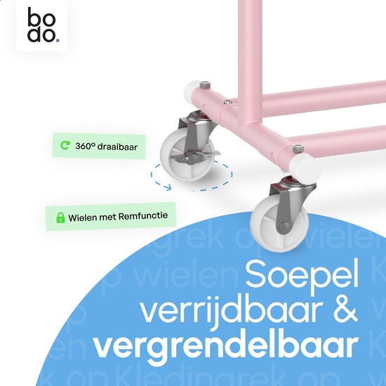 Detail van witte zwenkwielen met rem onder een roze kledingrek. Tekst: '360° draaibaar' en 'Wielen met Remfunctie'.