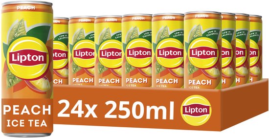 Voordeelverpakking met 24 blikjes Lipton Ice Tea Peach, 250ml per stuk, met perzikafbeelding en Lipton logo.
