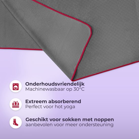 NIRVANASHAPE - Yogahanddoek als yogamat handdoek - antislip noppen - absorberende microvezel - hygiënisch en wasbaar op 40 graden - 185 x 63 cm - grijs/lila — afbeelding 3