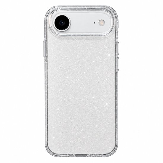 Transparant iPhone 17 Air-hoesje met zilveren glitterafwerking en een schokbestendige rand, tegen een witte achtergrond.