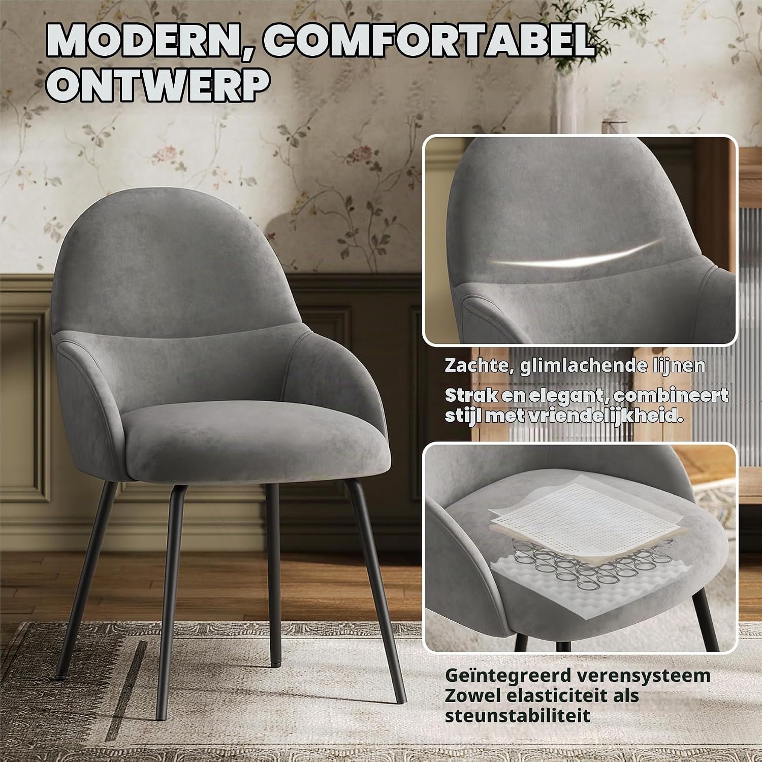Velvet Comfort Eetkamerstoelen Set van 6 met Armleuningen – Ergonomische Gestoffeerde Stoelen met Fluwelen Bekleding en Metalen Poten – Lichtgrijs
