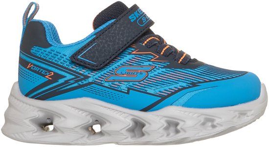 Blauwe Skechers S-Lights sneaker met Vortex 2 tekst, oranje accenten en een grijze, voorgevormde zool.