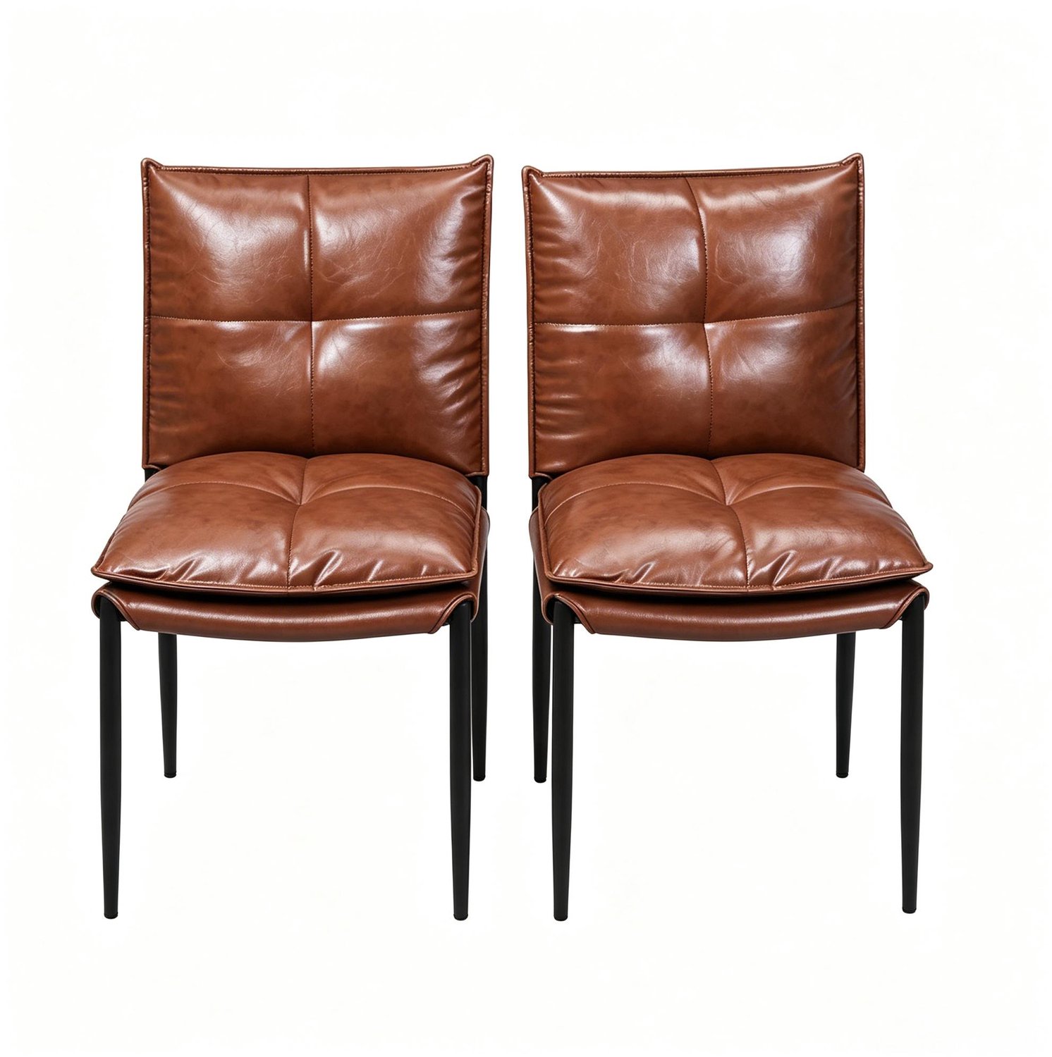 SONNENH Eetkamerstoelen set van 2 - Bruin kunstleer met vierkant stikpatroon - Zwart metalen poten Bruin met zwart onderstel
