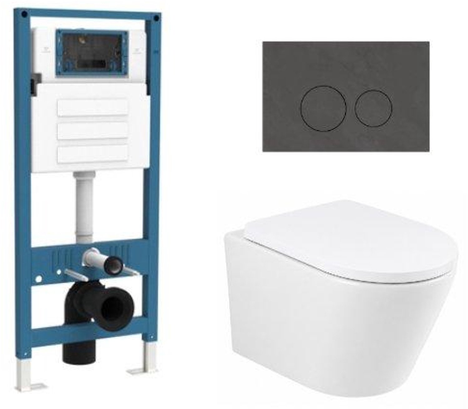 QeramiQ Dely Toiletset - inbouwreservoir Qeramiq Flush - 35mm zitting - natuursteen donker marmeren bedieningsplaat - ronde knoppen - mat wit
