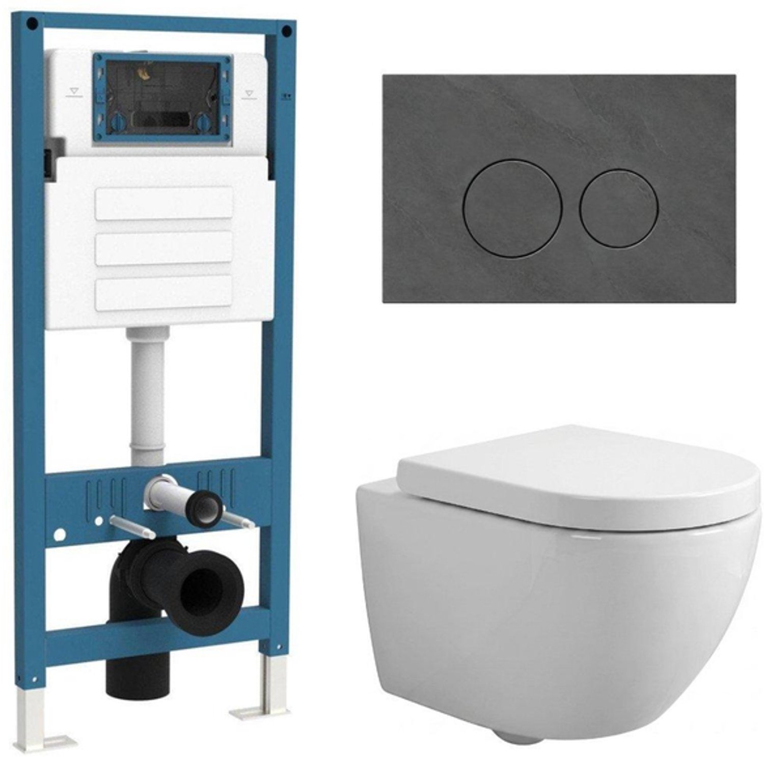 QeramiQ Dely Swirl Compact Toiletset - inbouwreservoir QeramiQ flush - 25mm zitting - marmeren bedieningsplaat donker - ronde knoppen - glans wit