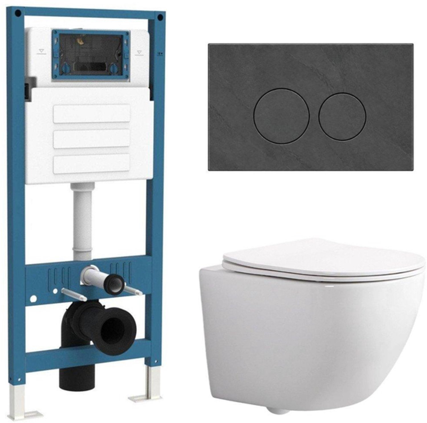 QeramiQ Dely Swirl Compact Toiletset - inbouwreservoir QeramiQ flush - slim zitting - marmeren bedieningsplaat donker - ronde knoppen - glans wit
