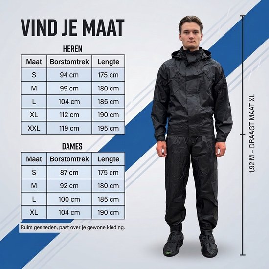 Maattabel voor dames en heren naast een man van 1,92 meter in een zwart regenpak (maat XL).