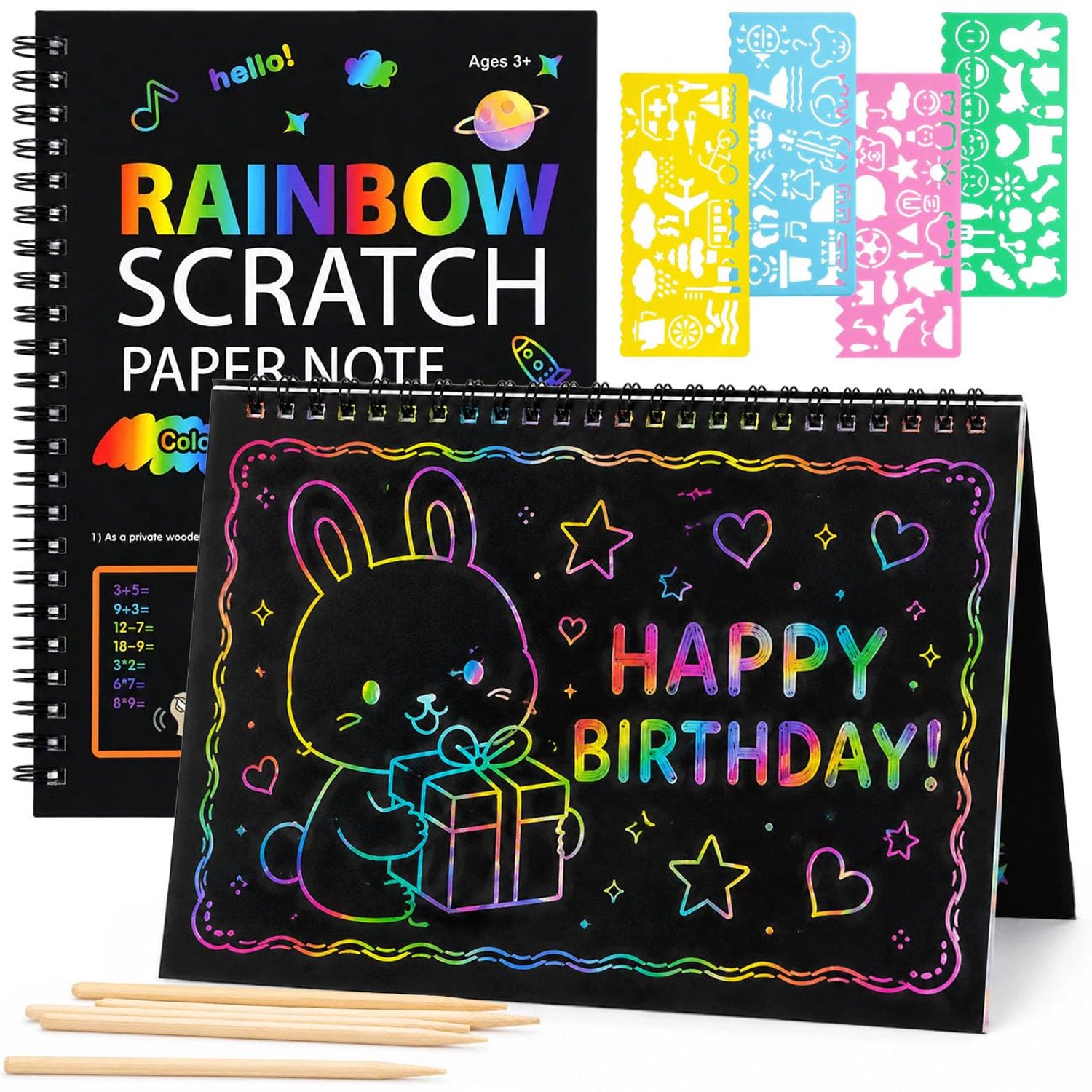 Krasafbeeldingen voor kinderen - regenboogkraspapier - 5 houten schrapers - creatief knutselen - ServiceTopper