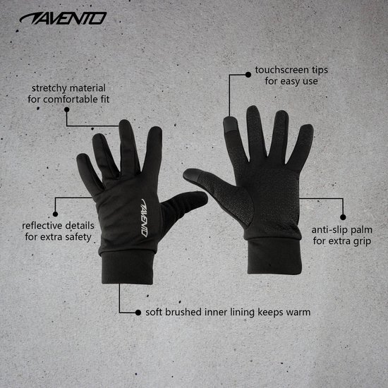 Zwarte sporthandschoenen met anti-slip palm, touchscreen-tips, reflecterende details en een warme voering.