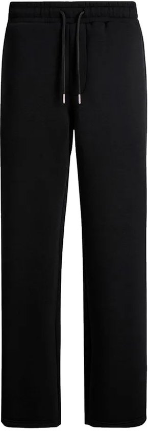 Zwarte joggingbroek met elastische tailleband, trekkoord en rechte pijpen.