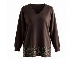Dames Fijn Gebreid Trui - G6915 - Losse fit - Trui afgewerk met steentjes aan de voorkant Onesize (XL/XXL) Bruin