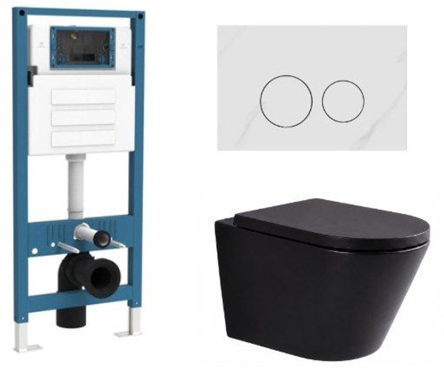 QeramiQ Dely Toiletset - inbouwreservoir Qeramiq Flush - 35mm zitting - natuursteen wit marmeren bedieningsplaat - ronde knoppen - mat zwart