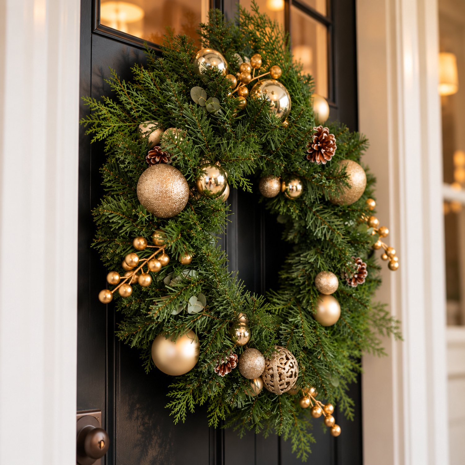 Kerstkrans Champagne 50 cm – Luxe Deurkrans met Kerstballen, Dennenappels en Gouden Details – Kerstdecoratie – foto 3