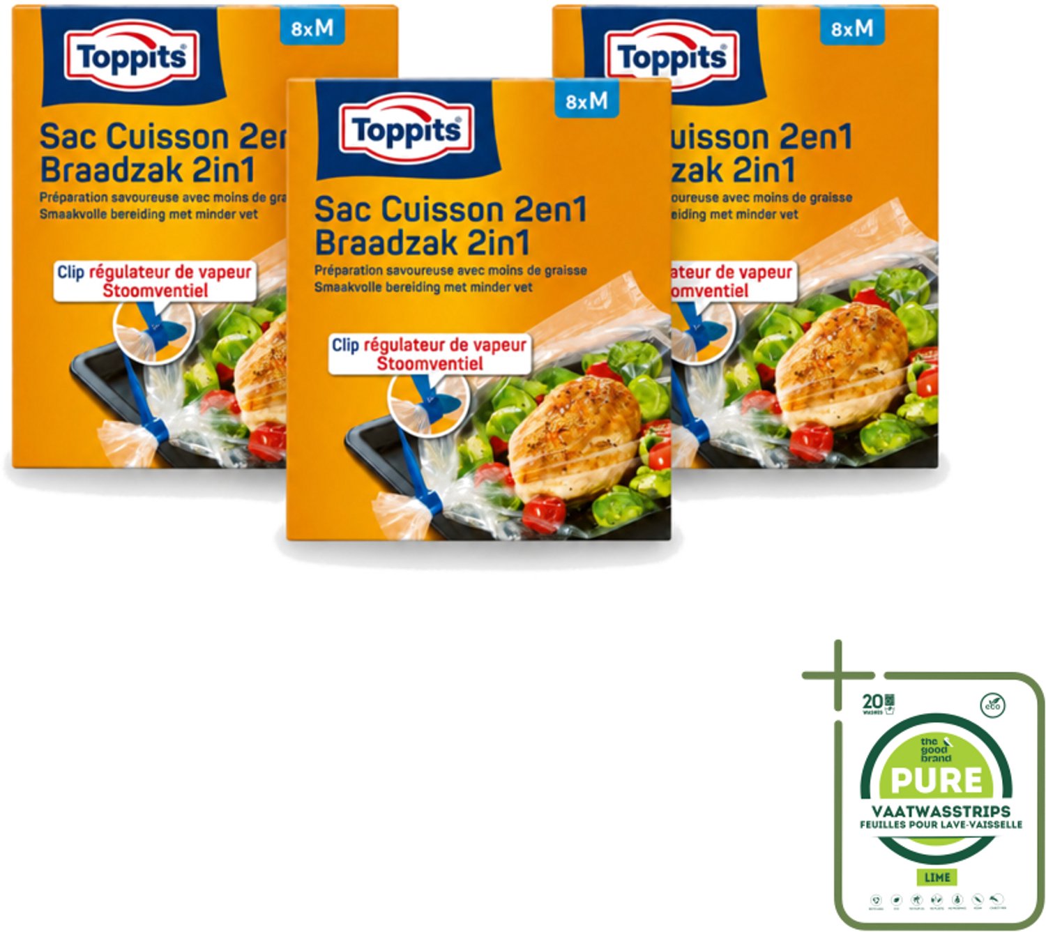 3 x Toppits – 2-in-1 Braad- & Stoomzakken – Maat M – 8 Zakjes - Grootverpakking - Vaatwasstrips - Braadzakken Oven - Braadzakken Magnetron - Gezond Koken - Smaakvol Koken - Vetvrij Bakken