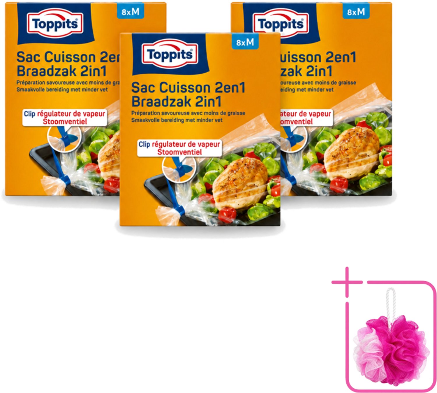 3 x Toppits – 2-in-1 Braad- & Stoomzakken – Maat M – 8 Zakjes - Bulkverpakking - Braadzakken oven - Douchemop - Braadzakken magnetron
