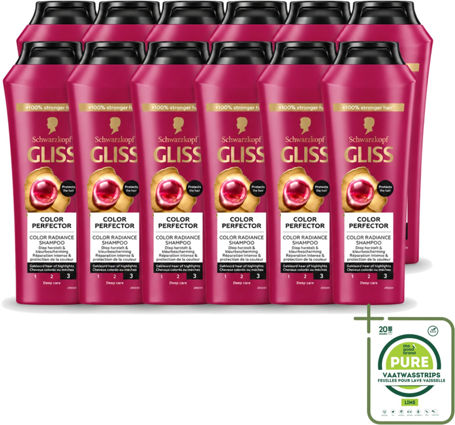12 x Gliss - Shampoo - Color Protect & Shine - Voor Langdurige Kleurbehoud - 250 ml - Grootverpakking - Vaatwasstrips - Kleurbehoud - Glans - Haarverzorging - Kleurbescherming - Haarherstel