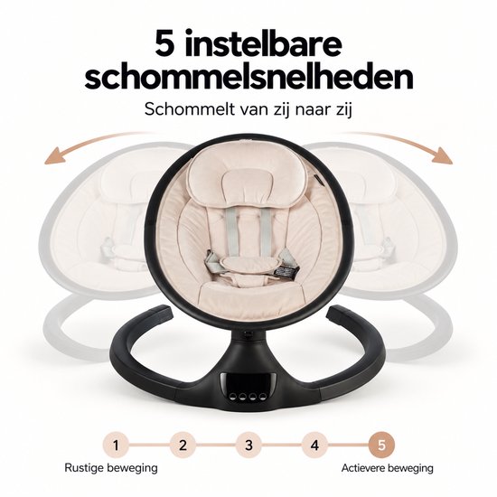 Zwarte babywipstoel met beige zitting, met 5 instelbare snelheden voor zijdelingse schommelbeweging.