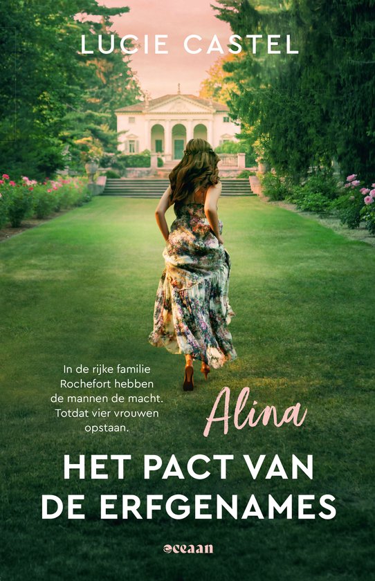Vrouw in bloemenjurk loopt weg door een tuin richting een landhuis. Titel 'Alina: Het pact van de erfgenames'.