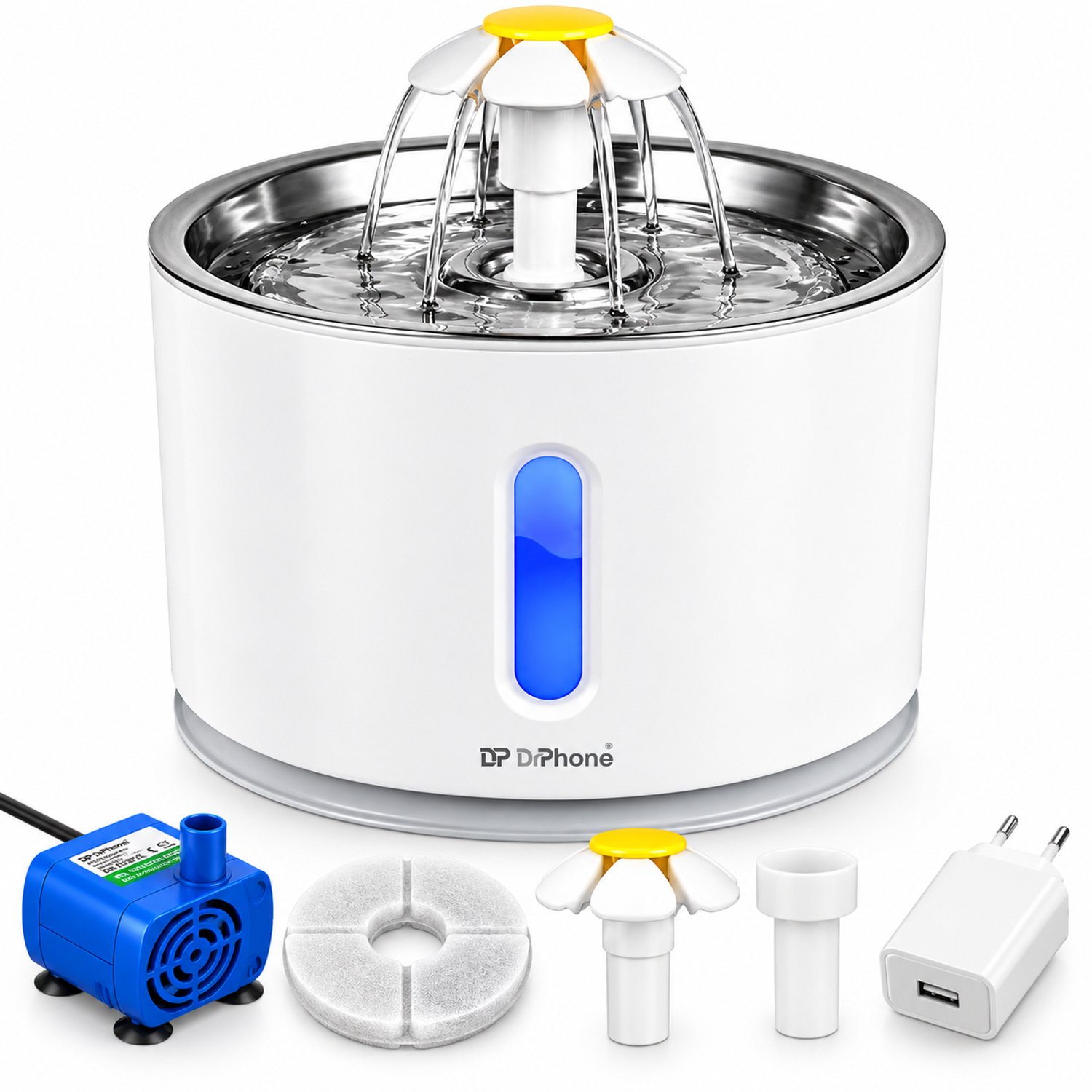 Bol.com DrPhone AluPet Drinkfontein 2,4L voor Kat & Hond – Waterfontein met RVS Drinktray – 3 Waterstanden – Koolstoffilter – LE... aanbieding