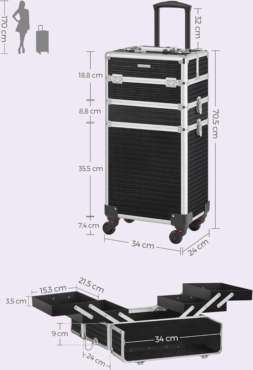 Cosmeticakoffer - Make-upkoffer - Voor kappers - Trolley - Voor reizen en werk - Beautycase - Koffer op wielen