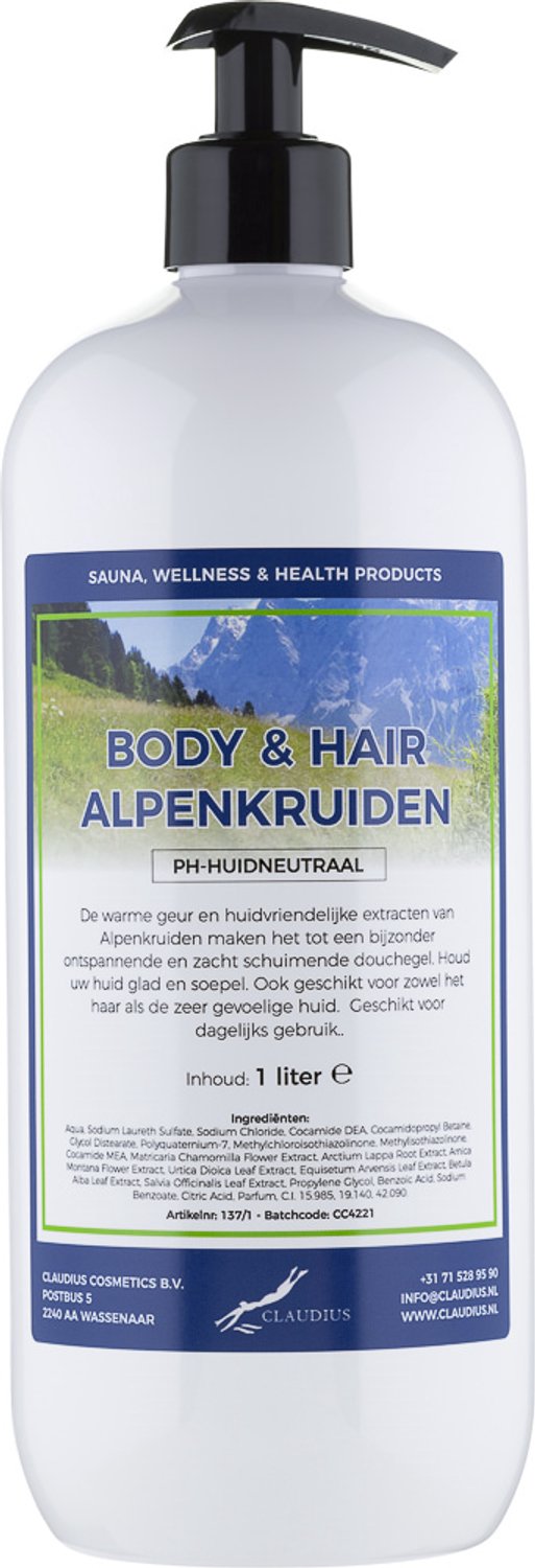 Claudius Body & Hair Alpenkruiden - 1 liter met gratis zwarte pomp - showergel - navulling - voordeelverpakking
