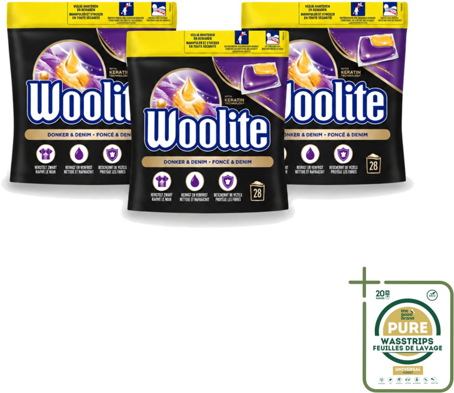 3 x Woolite Dark - Wasmiddelcapsules - Met Keratine - Donkere & Denim Was - 28 Wasbeurten - Wasstrips - Donker Wasmiddel - Denim Wasmiddel - Keratine Wasmiddel - Donkere Kleuren Behouden - Wasmiddel Voor Donker Kleding